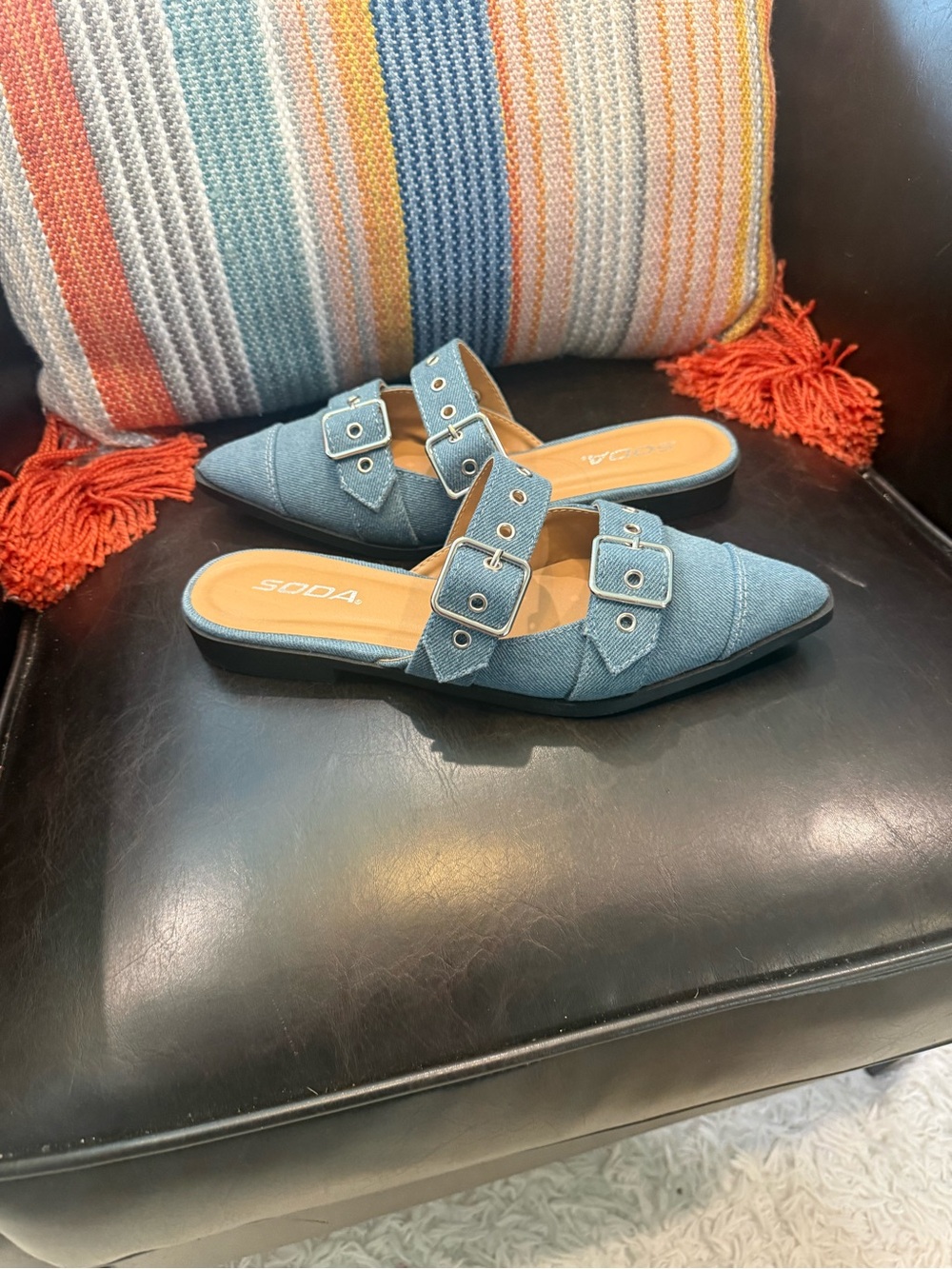 Soda Light Blue Denim Pointed Mule Loafers with Double Buckles